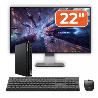 Pachet Mini PC Second Hand Lenovo ThinkCentre M70q, Intel Pentium Gold G6400T 3.40GHz, 8GB DDR4, 256GB SSD NVMe + Monitor 22" + cadou tastatura si mouse OptimX Pro KM500