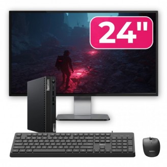 Pachet Mini PC Second Hand Lenovo ThinkCentre M70q, Intel Core i5-10400T 2.00 - 3.60GHz, 8GB DDR4, 256GB SSD NVMe + Monitor 24" + cadou tastatura si mouse OptimX Pro KM500