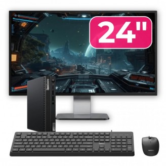 Pachet Mini PC Second Hand Lenovo ThinkCentre M70q, Intel Pentium Gold G6400T 3.40GHz, 8GB DDR4, 256GB SSD NVMe + Monitor 24" + cadou tastatura si mouse OptimX Pro KM500