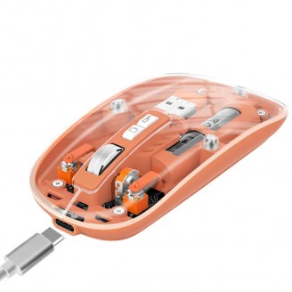 Mouse Nou M233, 1600dpi, 5 Butoane, Indicator Nivel Baterie, Transparent, Portocaliu, Wireless + Bluetooth Mouse Nou M233, 1600dpi, 5 Butoane, Indicator Nivel Baterie, Transparent, Portocaliu, Wireless + Bluetooth